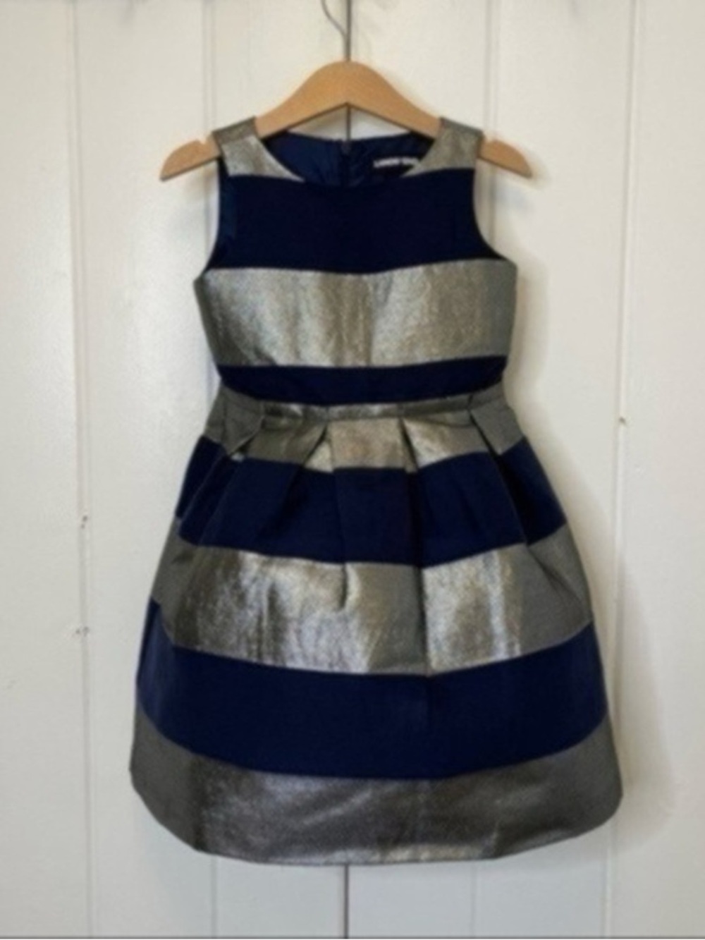Metallic Silver and Navy Striped Formal Dress - Girls